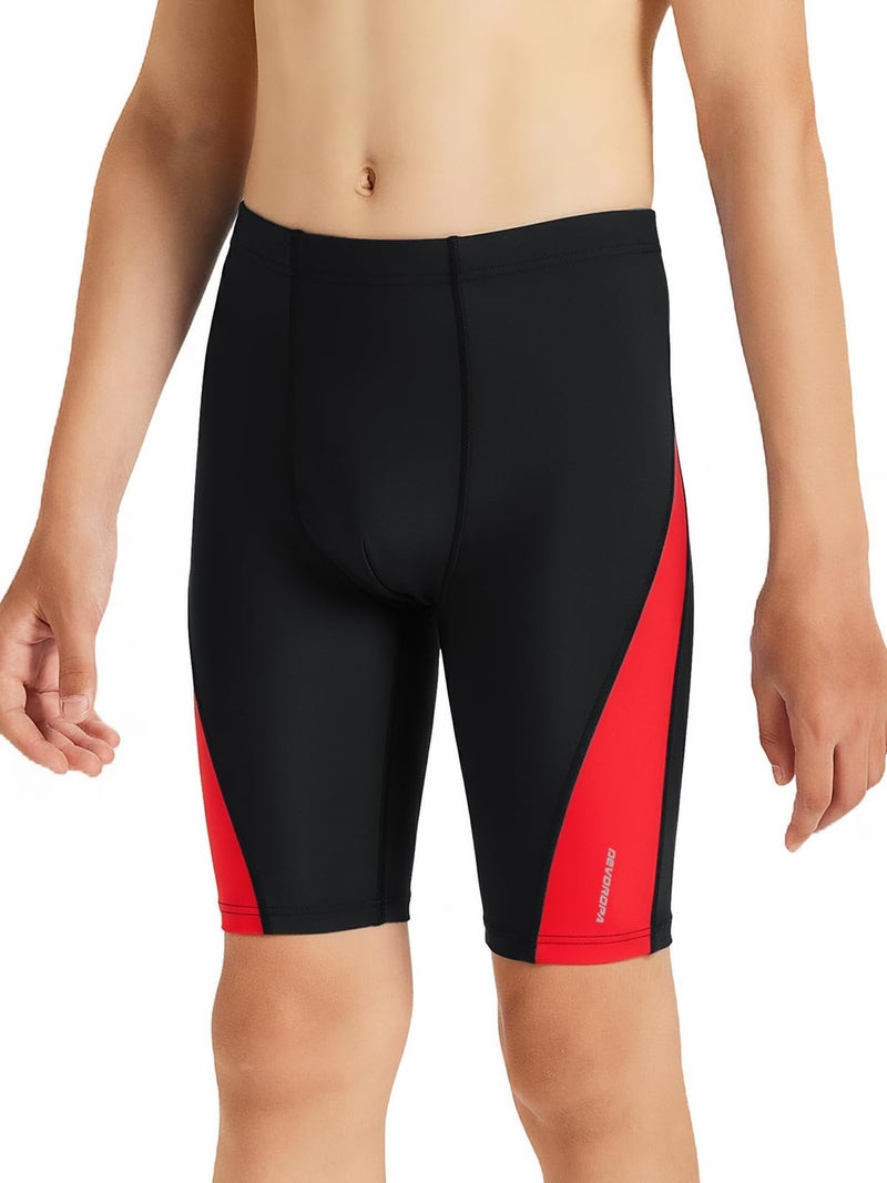 DEVOROPA Boys' Swim Jammers Youth Competitive Swim Team Suit Quick Dry Athletic Swimming Shorts UPF 50+ Black/Red L - Image 2